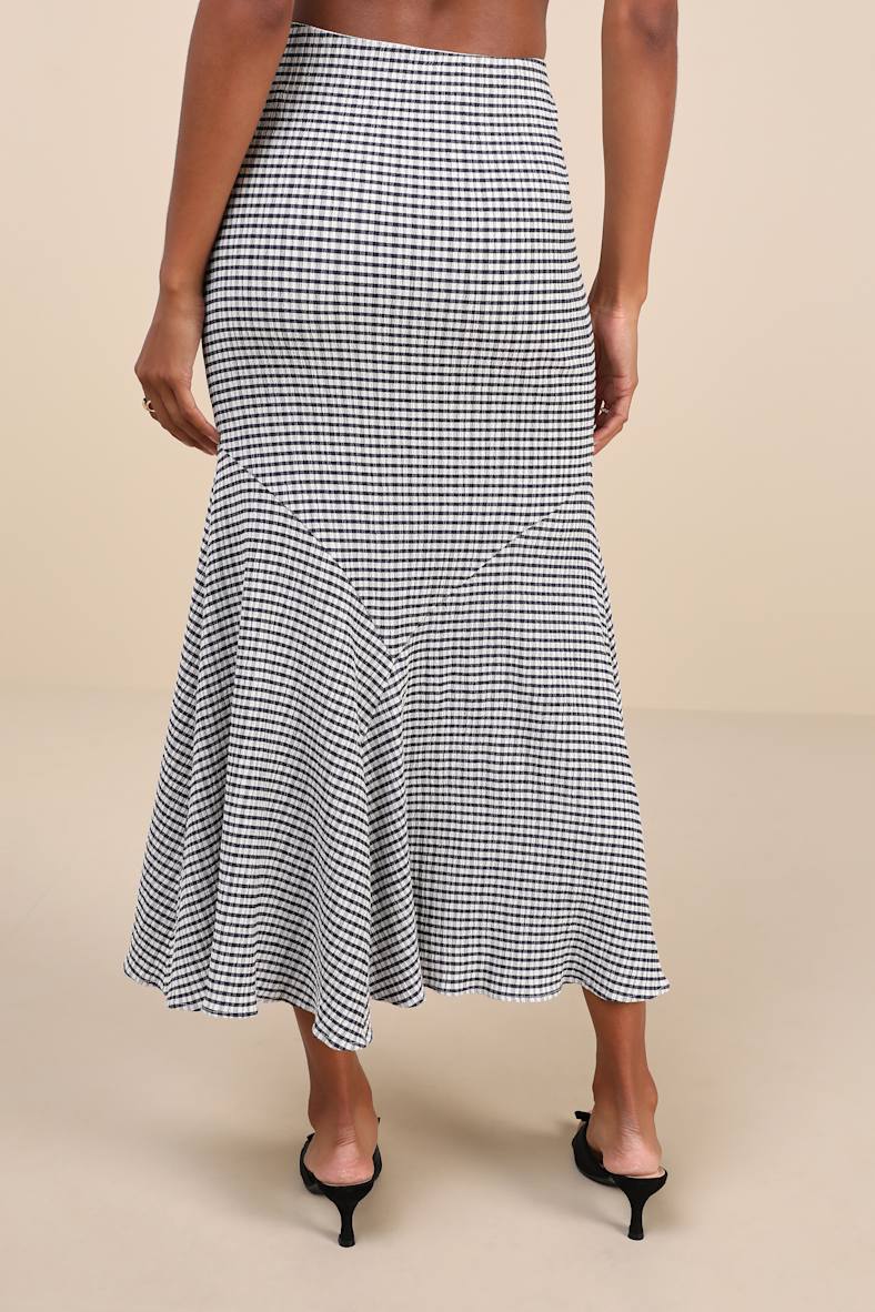 Classic Choice Navy Blue Gingham Trumpet Hem Midi Skirt