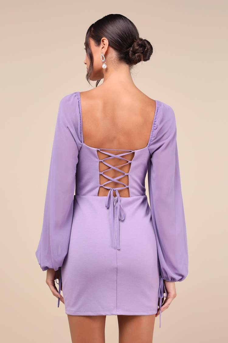 Lavender Lace-Up Dress - Balloon Sleeve Mini Dress - Mini Dress - Lulus