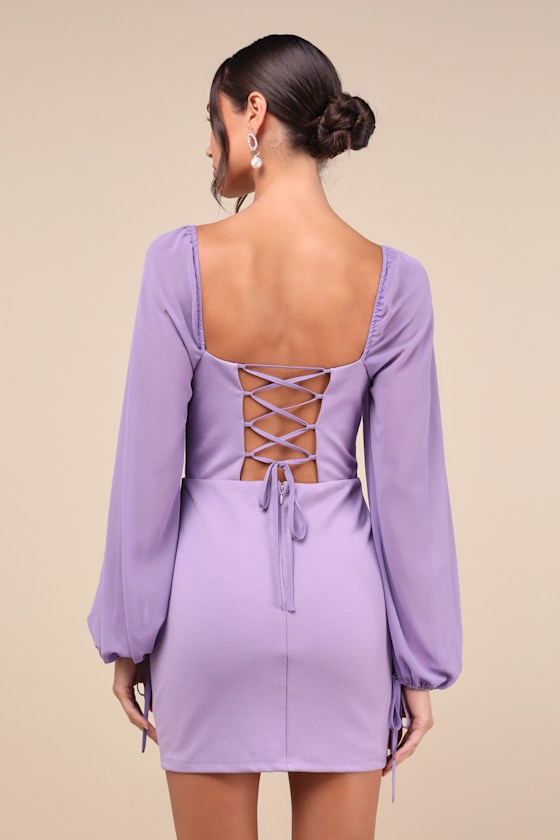 Delightful Love Lavender Lace-Up Balloon Sleeve Mini Dress 3