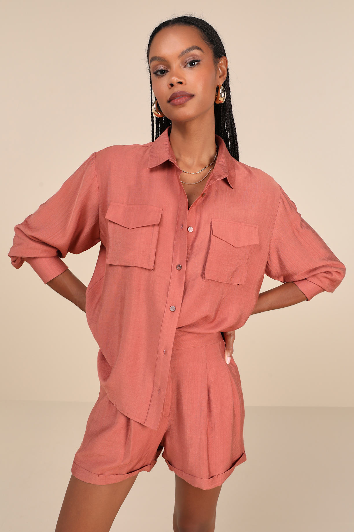 Effortlessly Curated Terracotta Long Sleeve Button-Up Top
