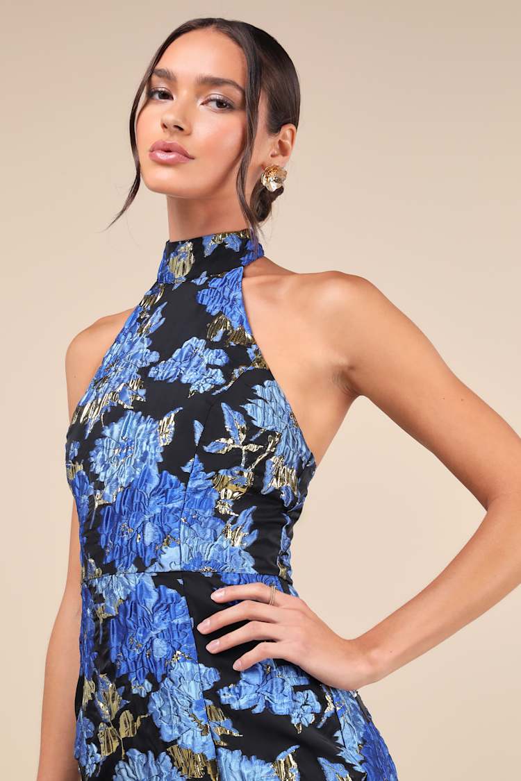 Black Floral Dress - Jacquard Halter Dress - Mock Neck Mini Dress - Lulus