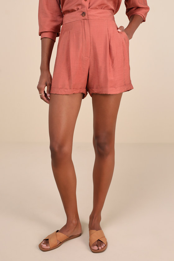 Lulus Effortlessly Curated Terracotta High-rise Shorts In Orange