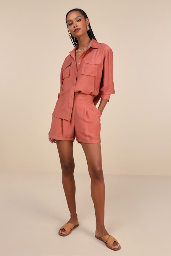 Lulus Effortlessly Curated Terracotta High-rise Shorts In Orange