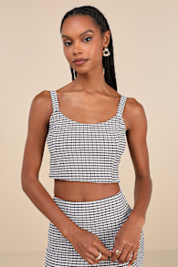 Classic Choice Navy Blue Gingham Square Neck Cropped Tank Top 3