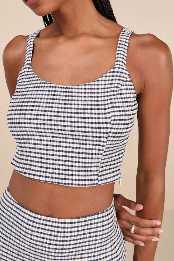 Lulus Classic Choice Navy Blue Gingham Square Neck Cropped Tank Top In Navy Blue