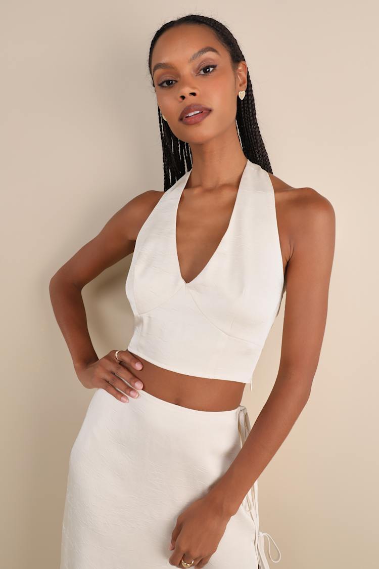 Lulus | Champagne Satin Crinkled Halter Crop Top | Womens | X-Large | 100% Polyester Lulus | Champagne Satin Crinkled Halter Crop Top | Womens | X-Large | 100% Polyester