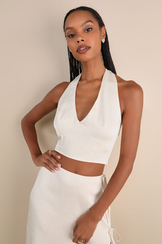 Marvelously Sleek Champagne Satin Crinkled Halter Crop Top 2
