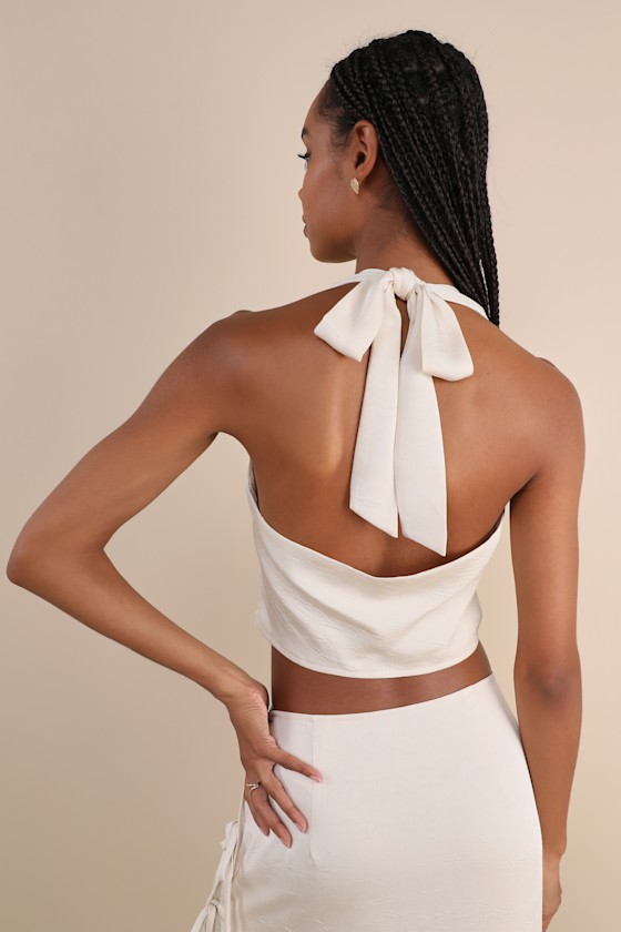 Lulus Marvelously Sleek Champagne Satin Crinkled Halter Crop Top In Champagne