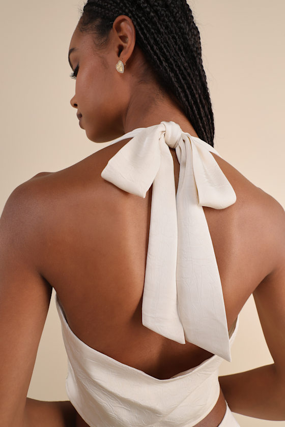 Lulus Marvelously Sleek Champagne Satin Crinkled Halter Crop Top In Champagne
