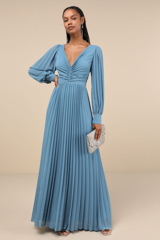 Sophisticated Grace Slate Blue Pleated Long Sleeve Maxi Dress 2