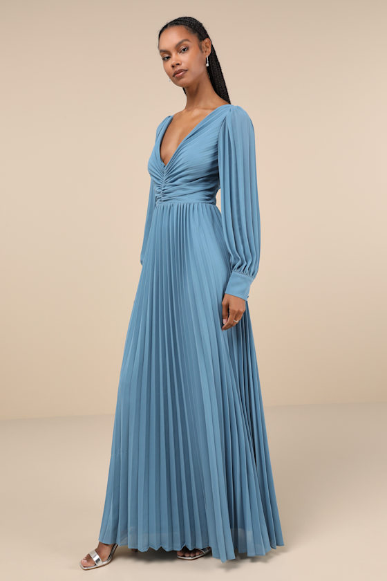 Lulus Sophisticated Grace Slate Blue Pleated Long Sleeve Maxi Dress In Slate Blue