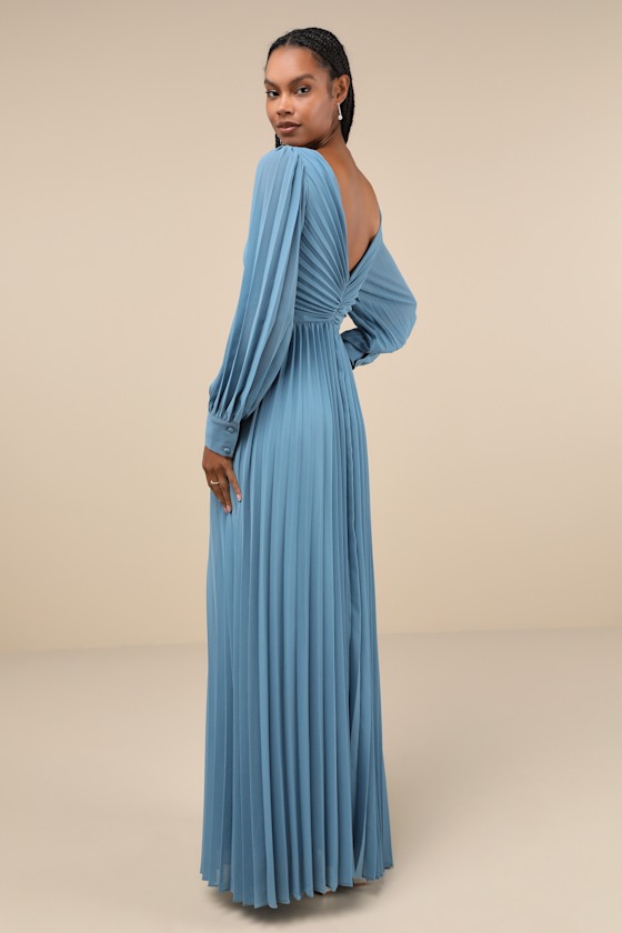 Sophisticated Grace Slate Blue Pleated Long Sleeve Maxi Dress 4
