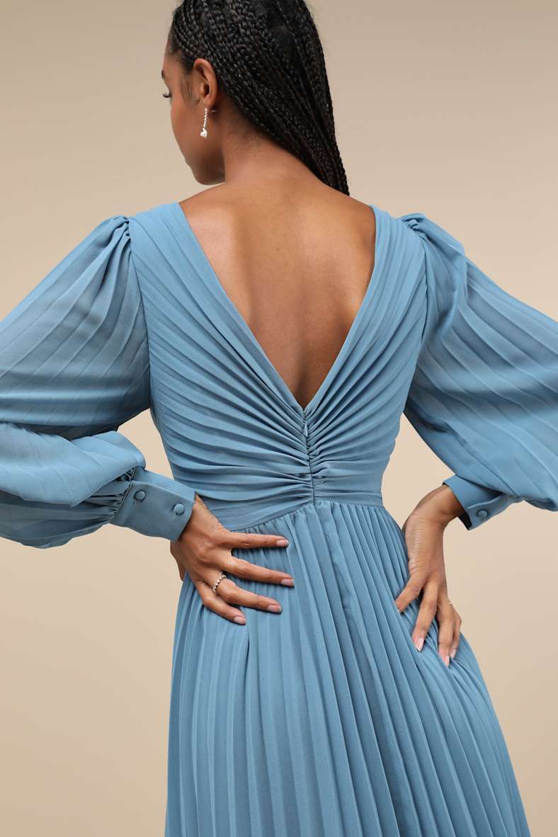 Sophisticated Grace Slate Blue Pleated Long Sleeve Maxi Dress