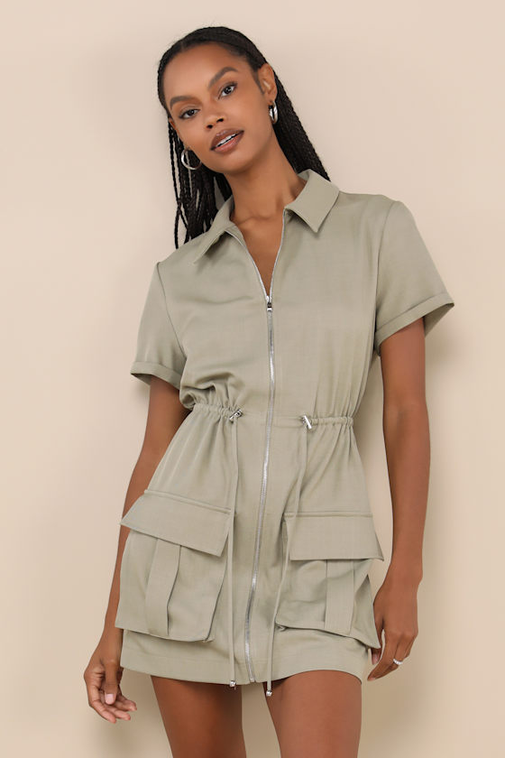 On-the-Go Aura Olive Green Twill Cargo Mini Dress With Pockets 2