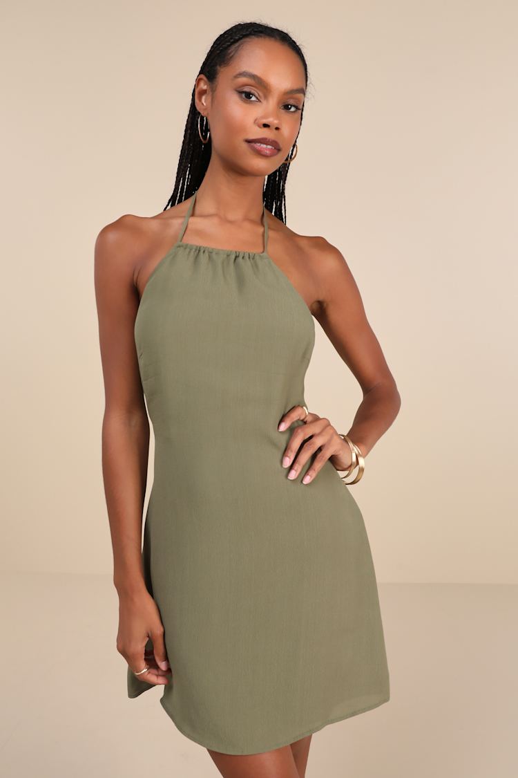 Olive Green Halter Dress - Mini Dress - Cutout A-Line Dress - Lulus