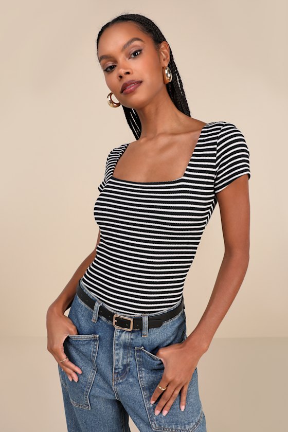 Lulus Casual Adventures Black Striped Ribbed Short Sleeve Bodysuit In Black
