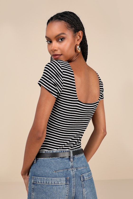 Lulus Casual Adventures Black Striped Ribbed Short Sleeve Bodysuit In Black