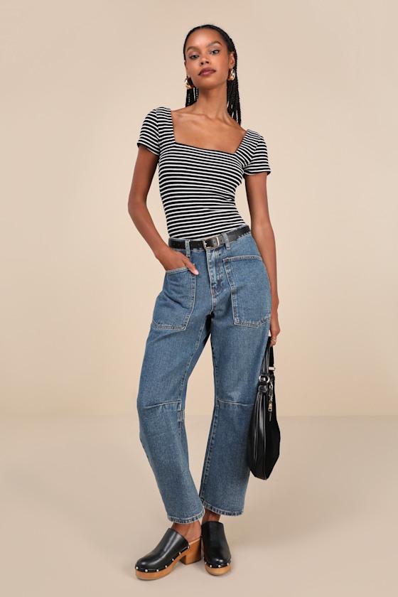 Lulus Casual Adventures Black Striped Ribbed Short Sleeve Bodysuit In Black