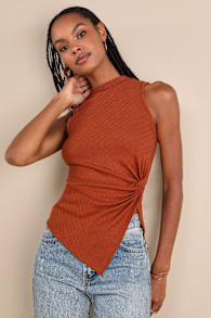 Trendy Minimalist Rust Brown Ribbed Knotted Tank Top 2