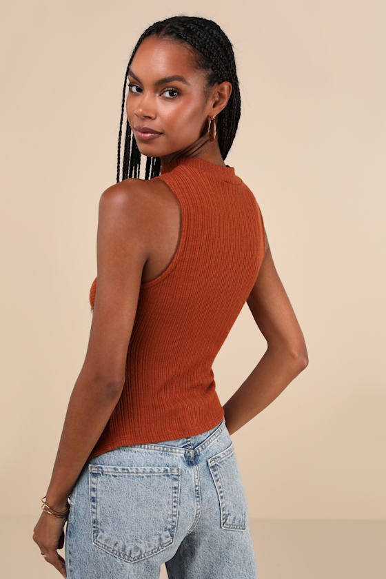 Trendy Minimalist Rust Brown Ribbed Knotted Tank Top 3