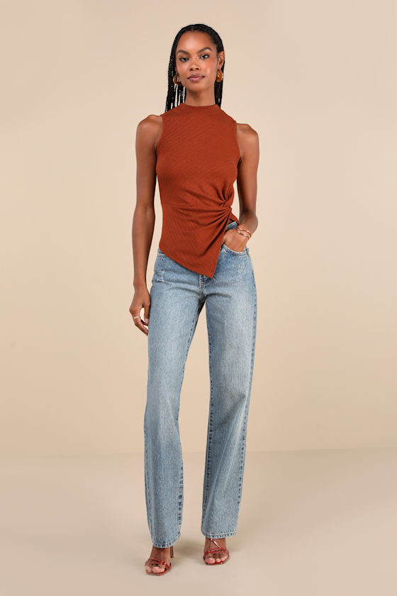 Lulus Trendy Minimalist Rust Brown Ribbed Knotted Tank Top In Rust Brown