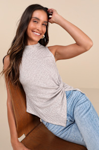 Trendy Minimalist Light Heather Grey Ribbed Knotted Tank Top 1
