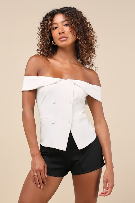 LULUS POISED MINDSET IVORY OFF-THE-SHOULDER BUTTON-FRONT VEST TOP