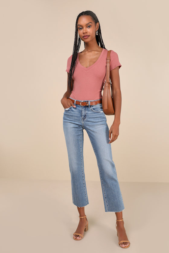 LULUS VERSATILE PICK RUSTY ROSE RIBBED KNIT SHORT SLEEVE BODYSUIT