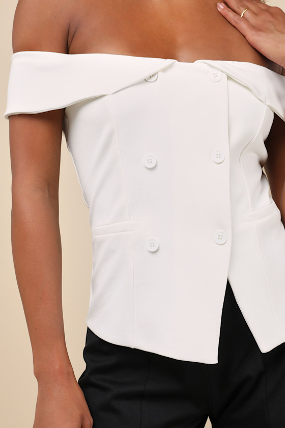 LULUS POISED MINDSET IVORY OFF-THE-SHOULDER BUTTON-FRONT VEST TOP