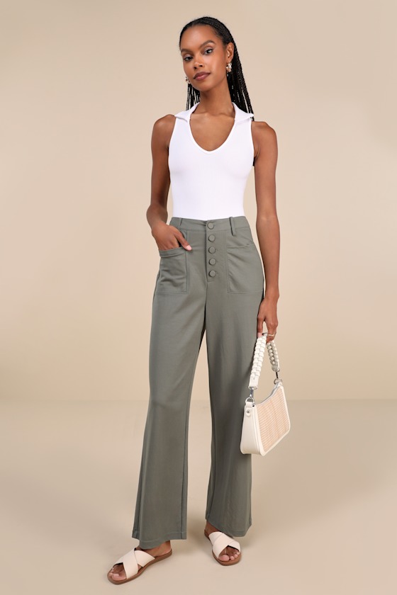 LULUS INSTINCTIVELY ELEVATED OLIVE HIGH-RISE BUTTON-FLY WIDE-LEG PANTS