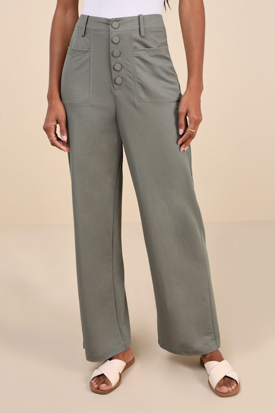 LULUS INSTINCTIVELY ELEVATED OLIVE HIGH-RISE BUTTON-FLY WIDE-LEG PANTS