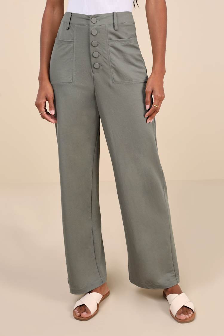 Instinctively Elevated Olive High-Rise Button-Fly Wide-Leg Pants