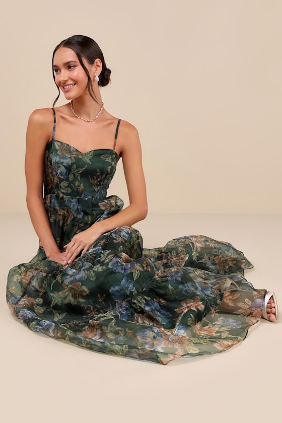 Exclusive Glamour Green Floral Organza Tiered Maxi Dress 1