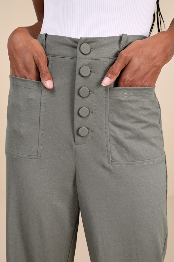 LULUS INSTINCTIVELY ELEVATED OLIVE HIGH-RISE BUTTON-FLY WIDE-LEG PANTS