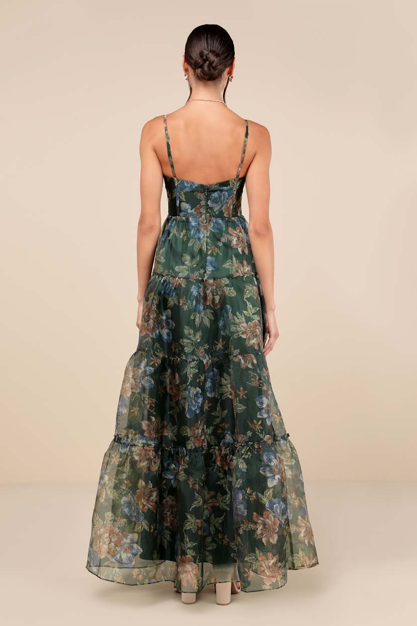 Green Floral Organza Tiered Maxi Dress | Womens | Large (Available in M) | 100% Polyester | Lulus | Homecoming | Prom