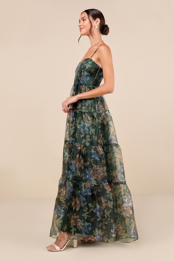 Lulus Exclusive Glamour Green Floral Organza Tiered Maxi Dress In Green
