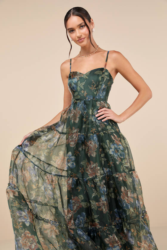 Green Floral Organza Dress - Tiered Floral Gown - Black Gown - Image 5