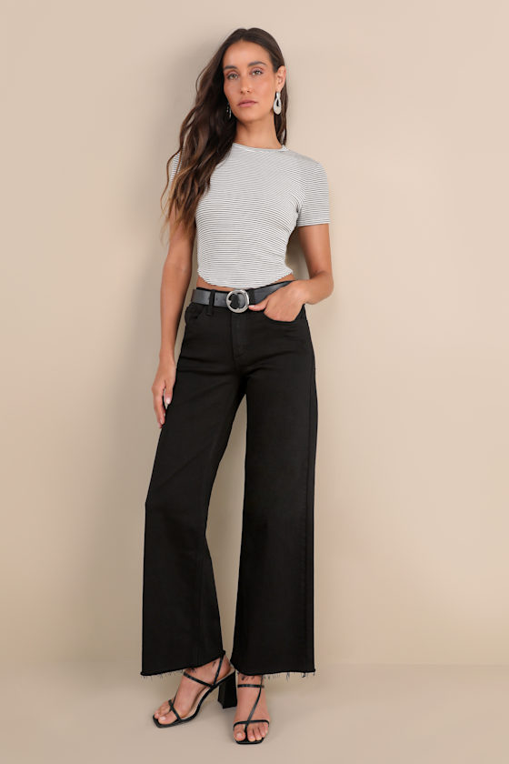 Just Usa Coolest Favorite Black Denim Wide-leg Raw-hem Jeans In Black