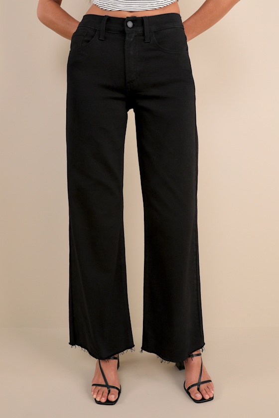 Just Usa Coolest Favorite Black Denim Wide-leg Raw-hem Jeans In Black