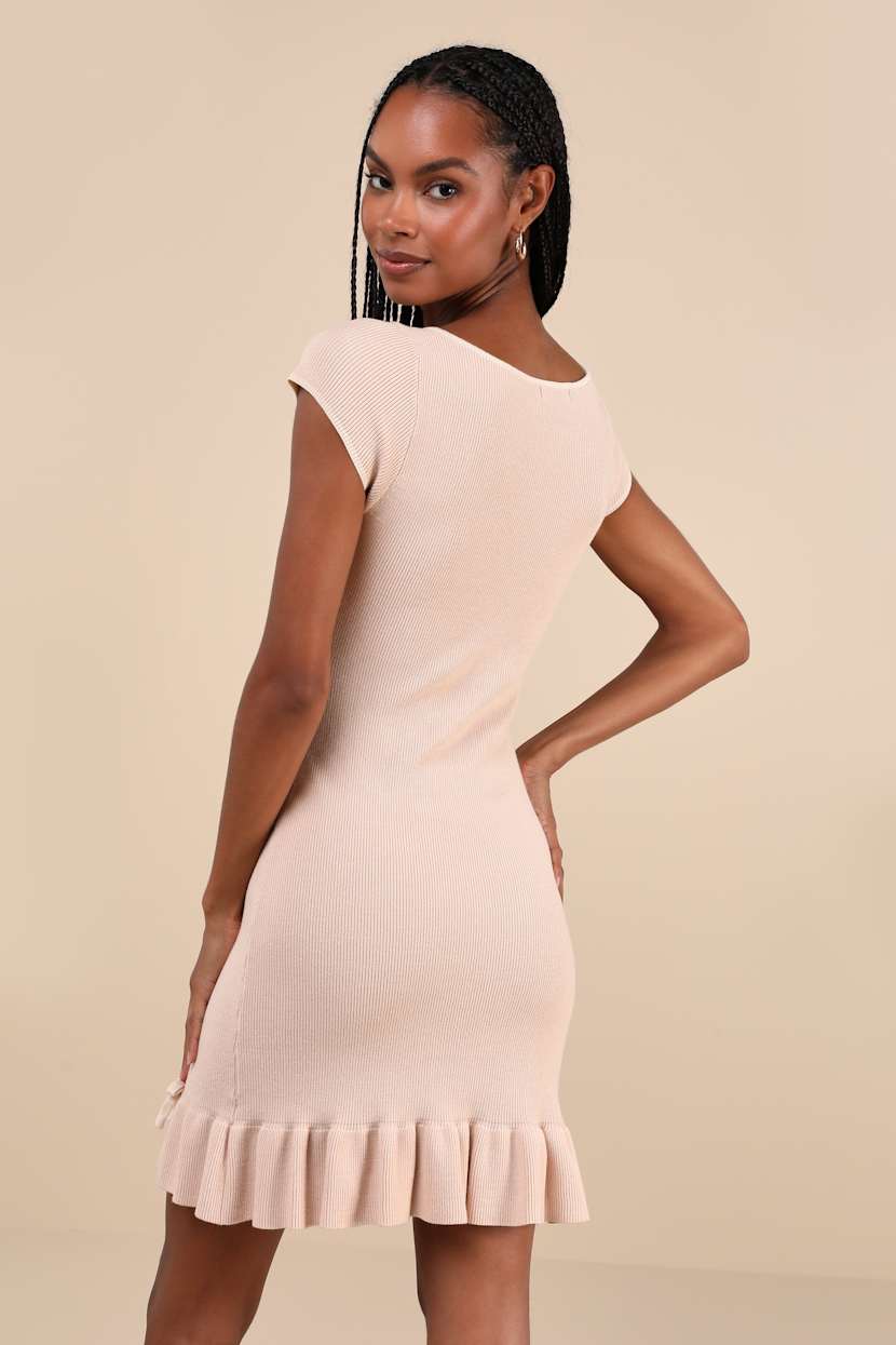 Beige Knit Dress - Bodycon Ruffled Dress - Bow Mini Dress - Dress - Lulus