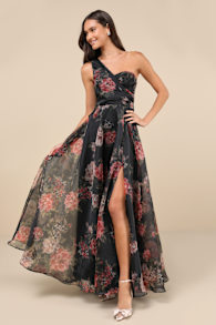 Truly Extraordinary Black Floral Organza One-Shoulder Maxi Dress 1