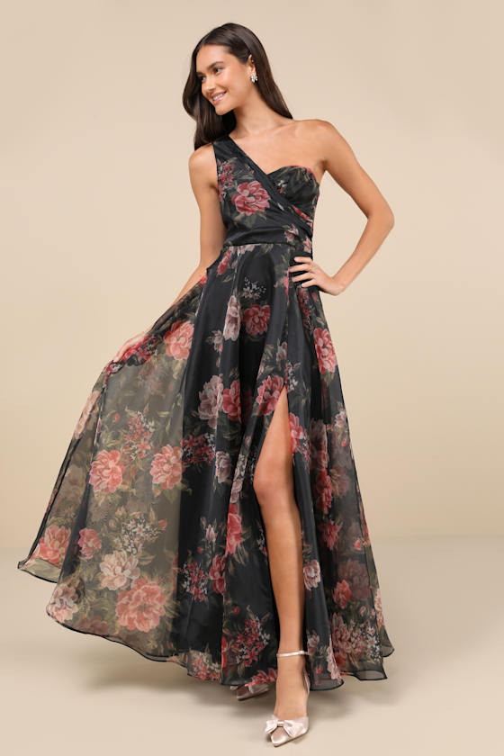 Truly Extraordinary Black Floral Organza One-Shoulder Maxi Dress 1