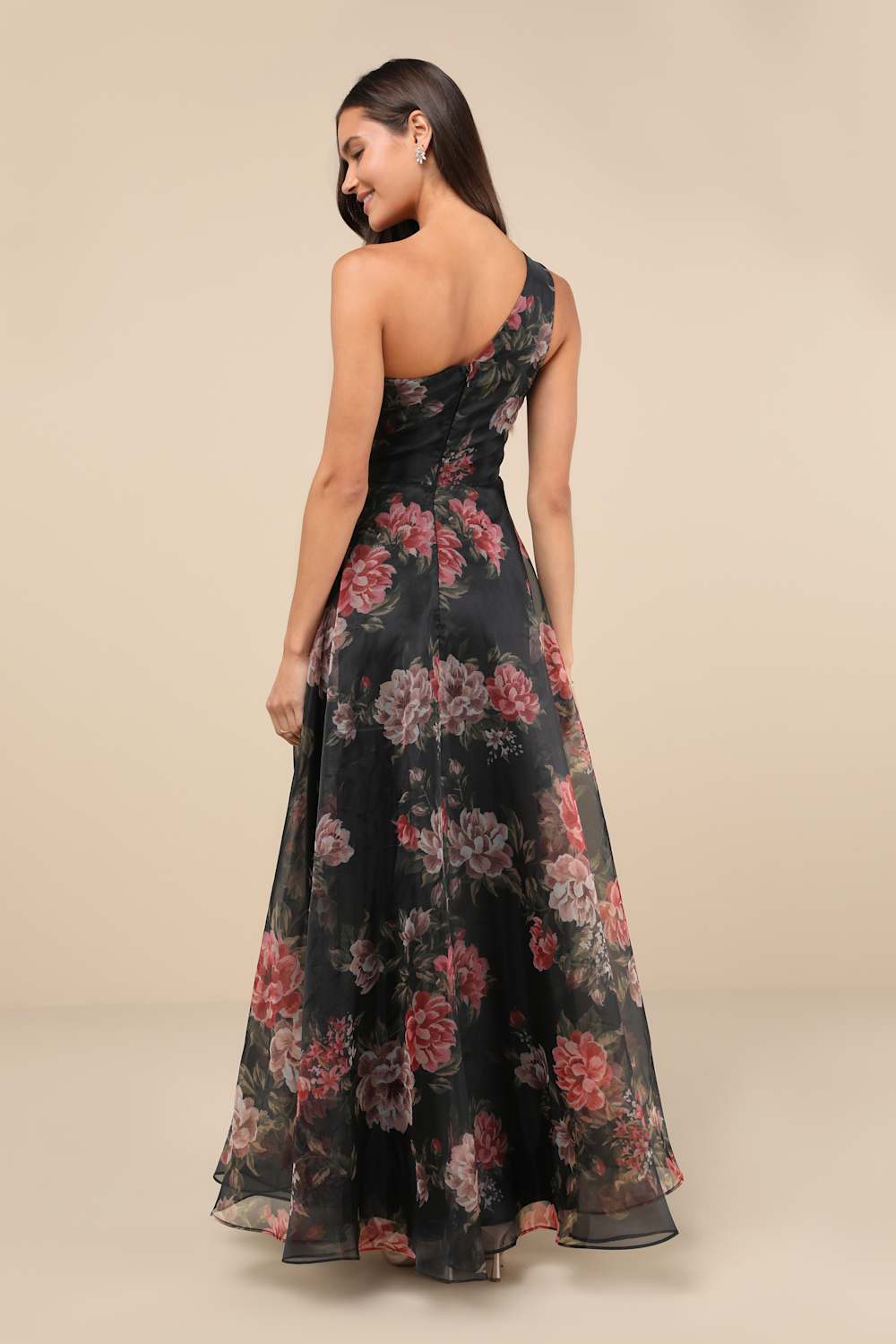 Truly Extraordinary Black Floral Organza One-Shoulder Maxi Dress