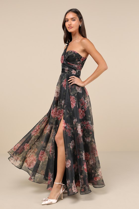Lulus Truly Extraordinary Black Floral Organza One-shoulder Maxi Dress In Black