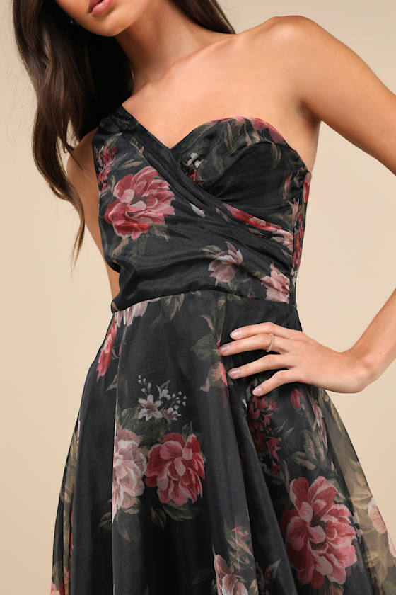 Lulus Truly Extraordinary Black Floral Organza One-shoulder Maxi Dress In Black