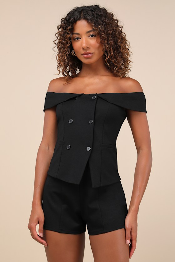 LULUS POISED MINDSET BLACK OFF-THE-SHOULDER BUTTON-FRONT VEST TOP