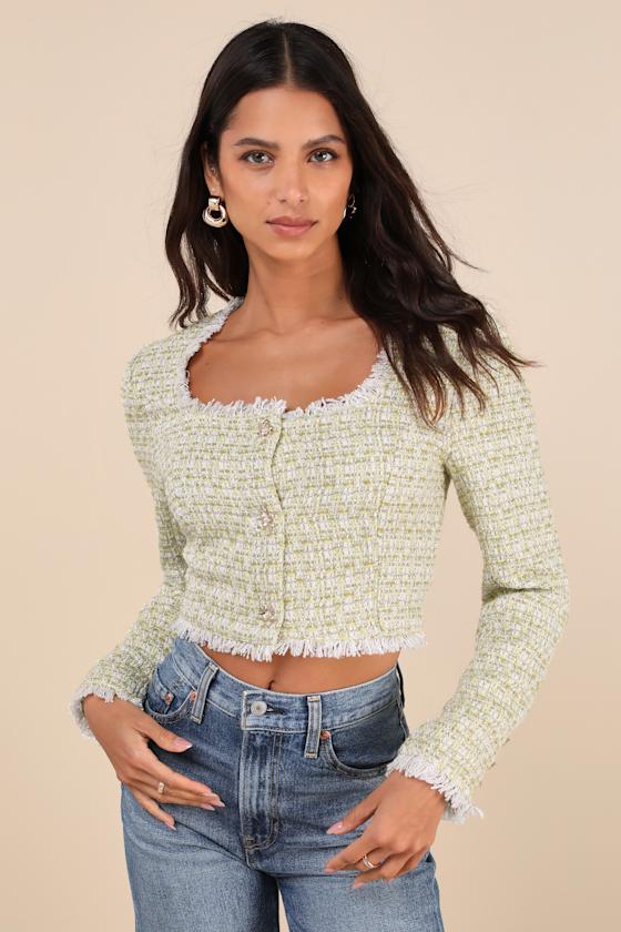 LULUS INSTINCTIVELY UPSCALE GREEN TWEED LUREX CROPPED JACKET