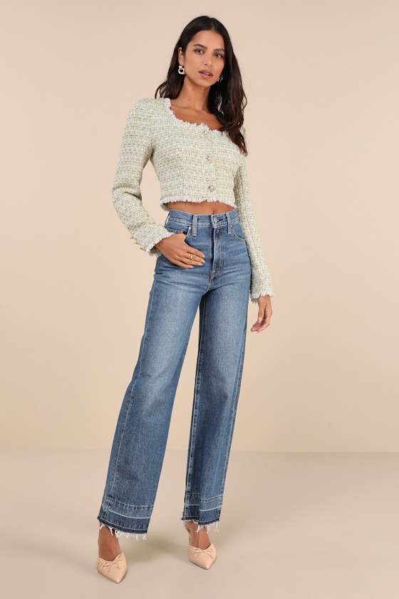 LULUS INSTINCTIVELY UPSCALE GREEN TWEED LUREX CROPPED JACKET