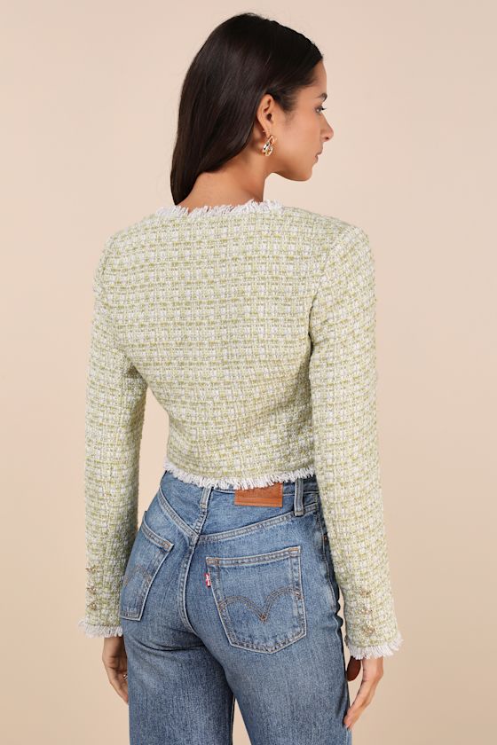 LULUS INSTINCTIVELY UPSCALE GREEN TWEED LUREX CROPPED JACKET