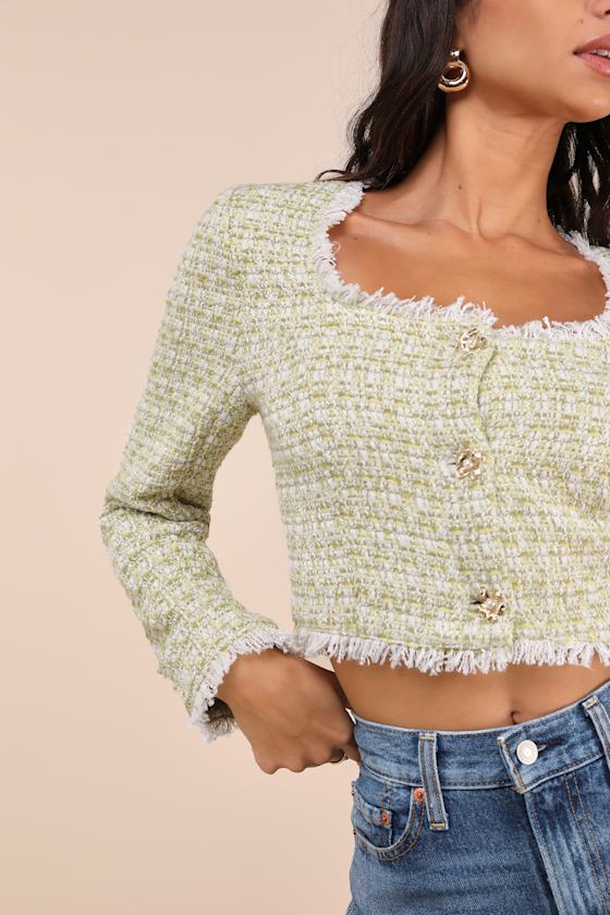 LULUS INSTINCTIVELY UPSCALE GREEN TWEED LUREX CROPPED JACKET